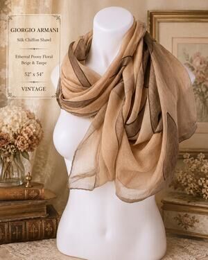 Vintage 90’s Giorgio Armani Silk Chiffon Shawl Ethereal Peony Beige Taupe 52x54
